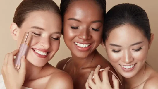 Glowing Beyond Trends: Achieving Glass Skin With Physio Radiance 3 Three multiracial girls smiling with their eyes closed, one of them holding a Physio Radiance bottle