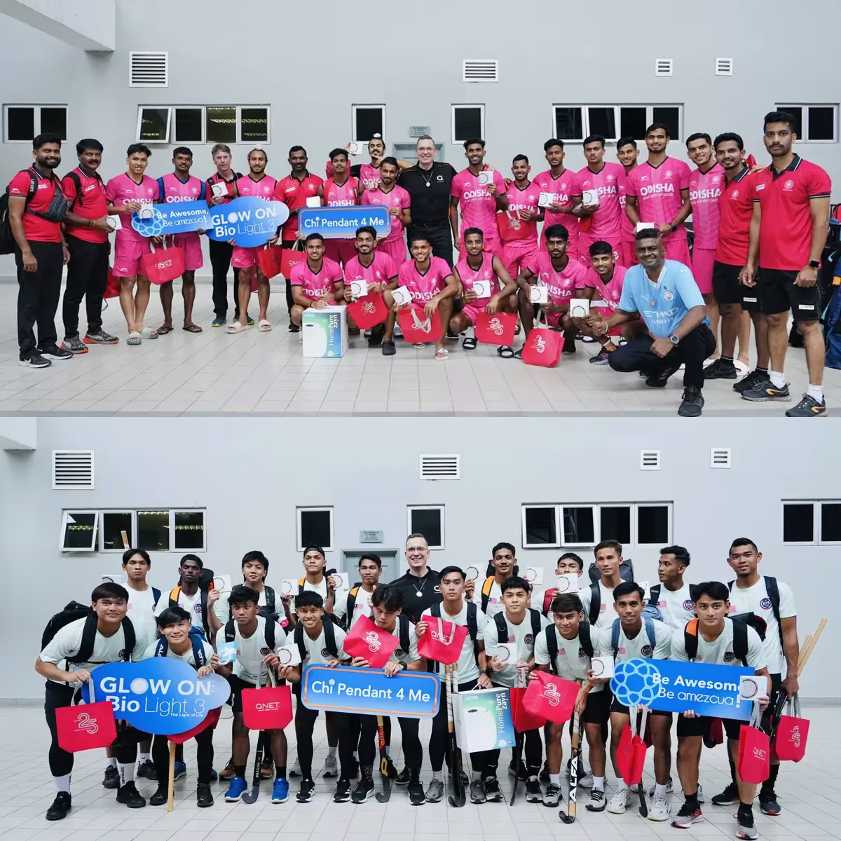 Qnet Champions Youth Empowerment Through Sports At The 13Th Junior Hockey World Cup 2 Another QNET sports commitment milestone! India and Malaysia teams pose with QNET products before their friendly match to kick off the thirteenth Junior Hockey World Cup