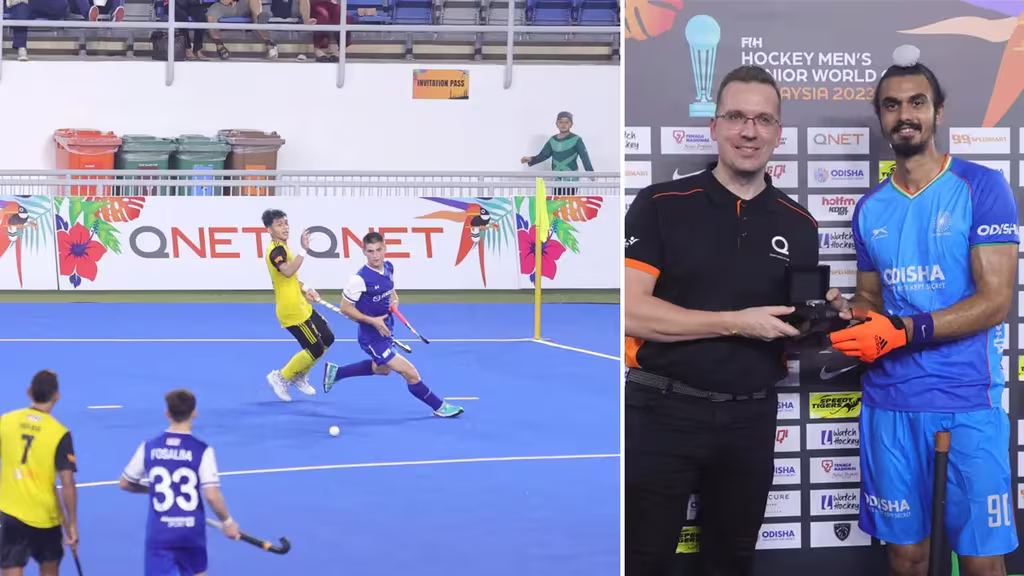 Qnet Champions Youth Empowerment Through Sports At The 13Th Junior Hockey World Cup 3 Left - Malaysia vs Chile match with QNET's logo shown behind on the barriers; Right - Trevor Kuna presents India vs South Korea's Man of the Match Hundal Araijeet Singh from India with a Bernhard H. Mayer watch