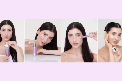 woman using the different Physio Radiance AURA 4-step skincare products